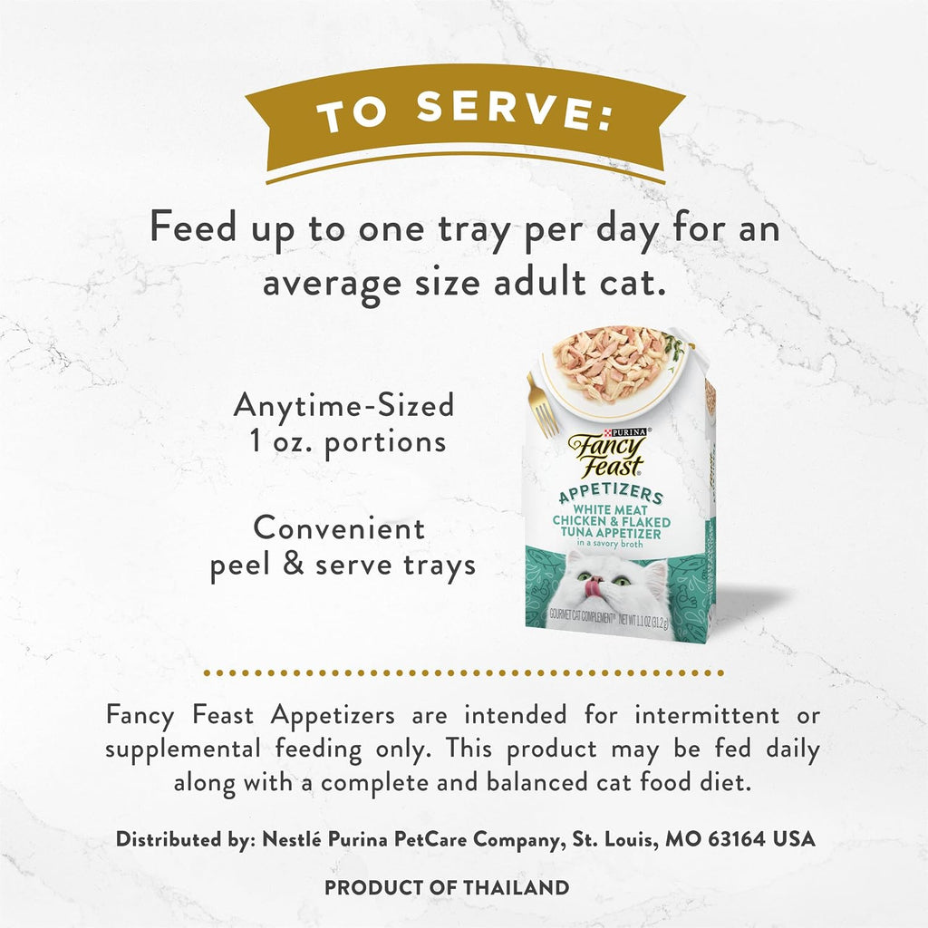 Fancy Feast Purina Appetizers Lickable Grain Free Wet Cat Food Topper White Meat Chicken and Flaked Tuna Appetizer - 1.1 oz. Trays.(Pack of 20)