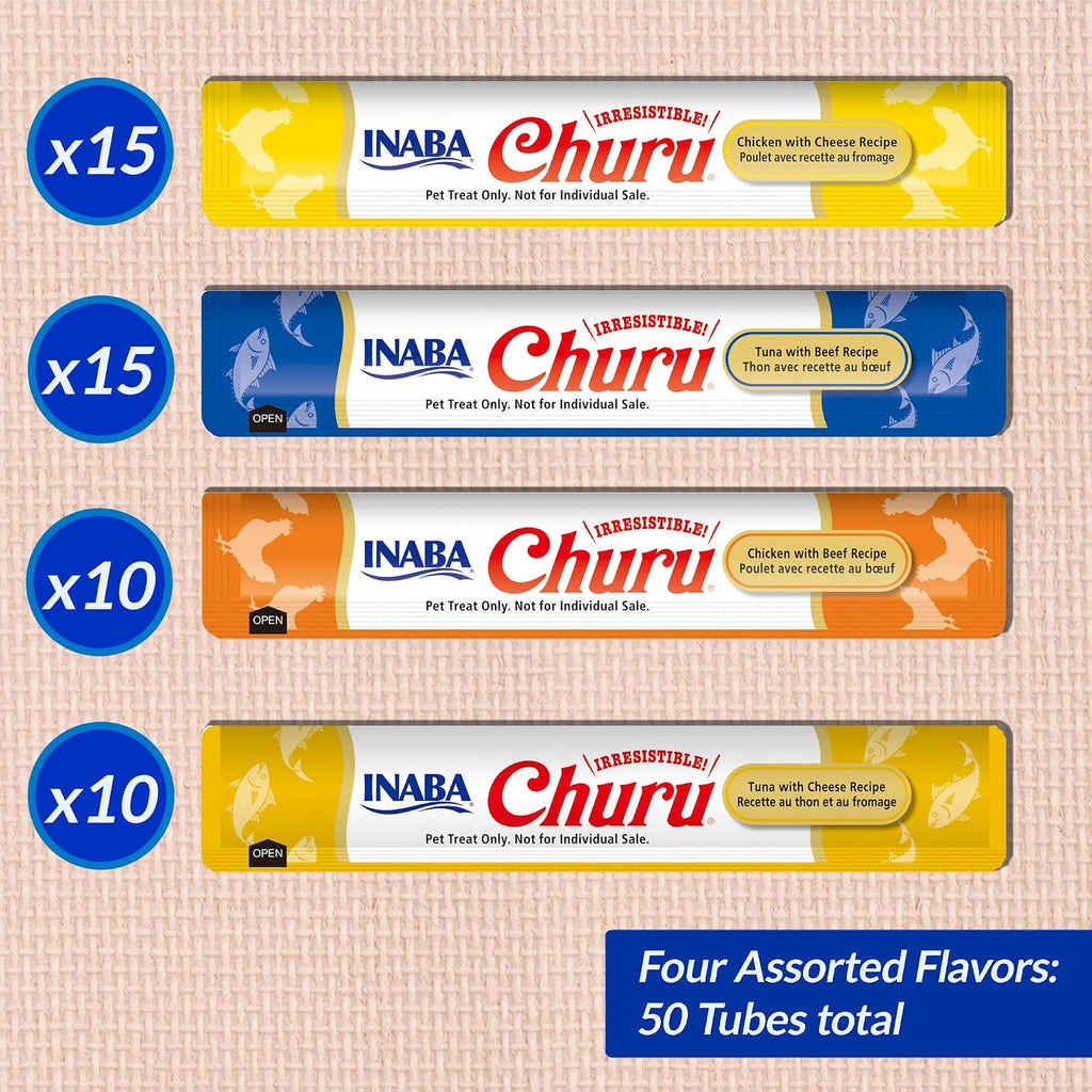 INABA Churu Cat Treats. Lickable. Squeezable Creamy Purée Cat Treat with Green Tea Extract & Taurine. 0.5 Ounces Each Tube. 50 Tubes. Beef & Cheese Variety