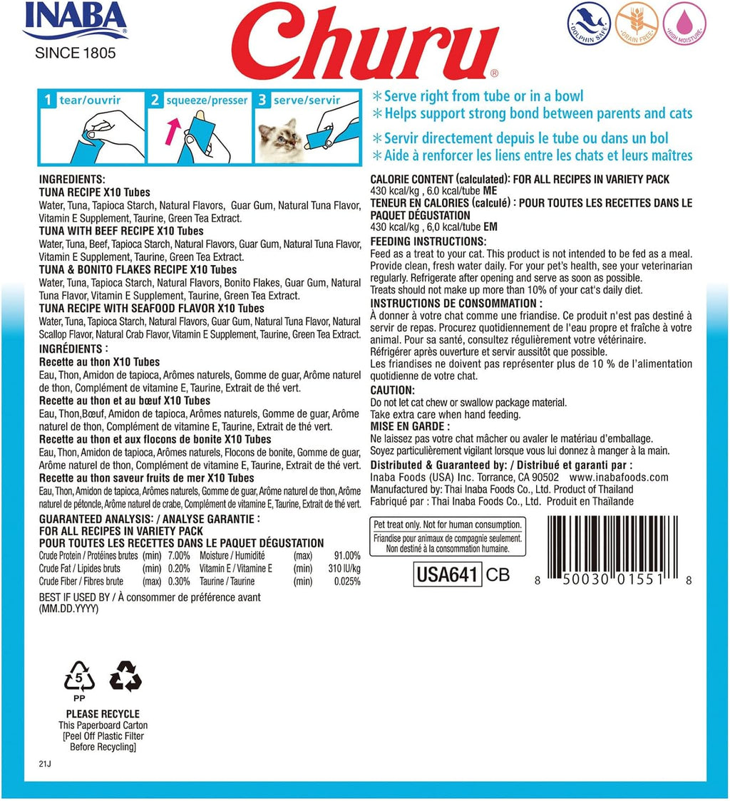 INABA Churu Cat Treats. Lickable. Squeezable Creamy Purée Cat Treat with Green Tea Extract & Taurine. 0.5 Ounces Each Tube. 40 Tubes. Tuna Variety Box (Pack of 12)