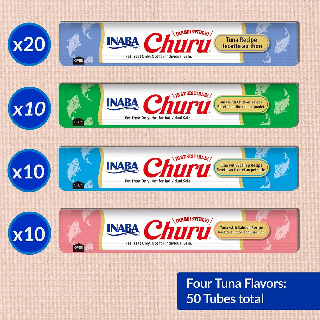 INABA Churu Cat Treats. Lickable. Squeezable Creamy Purée Cat Treat with Green Tea Extract & Taurine. 0.5 Ounces Each Tube. 50 Tubes. Tuna Variety