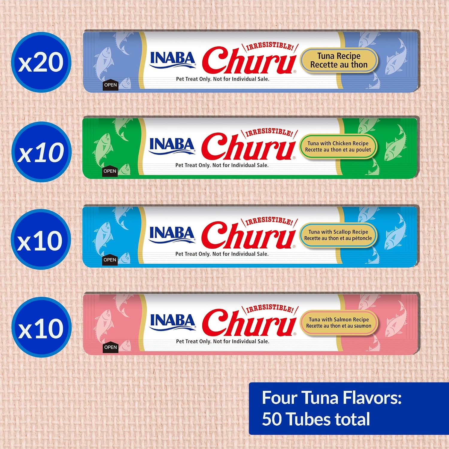 INABA Churu Cat Treats. Lickable. Squeezable Creamy Purée Cat Treat with Green Tea Extract & Taurine. 0.5 Ounces Each Tube. 50 Tubes. Tuna Variety (Pack of 8)