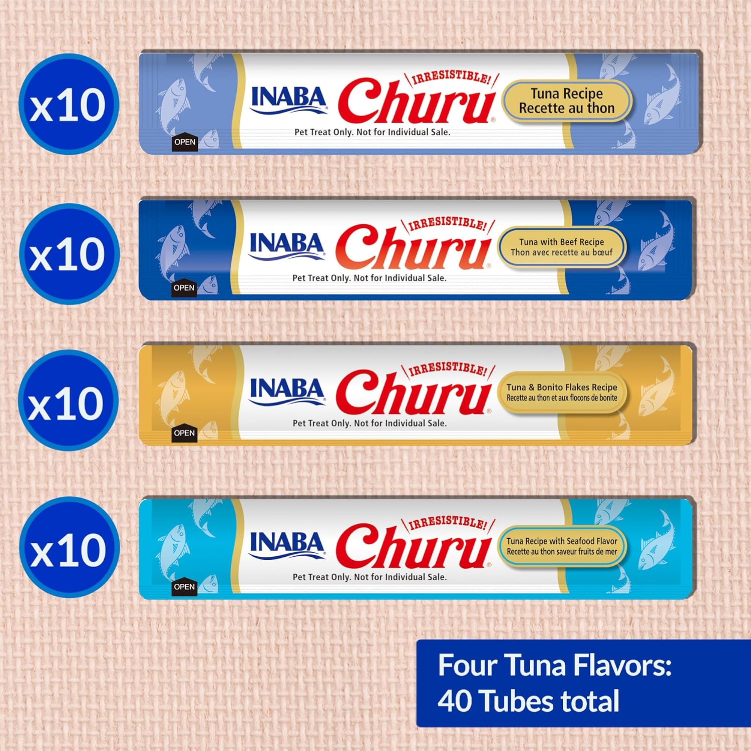 INABA Churu Cat Treats. Lickable. Squeezable Creamy Purée Cat Treat with Green Tea Extract & Taurine. 0.5 Ounces Each Tube. 40 Tubes. Tuna Variety Box (Pack of 12)