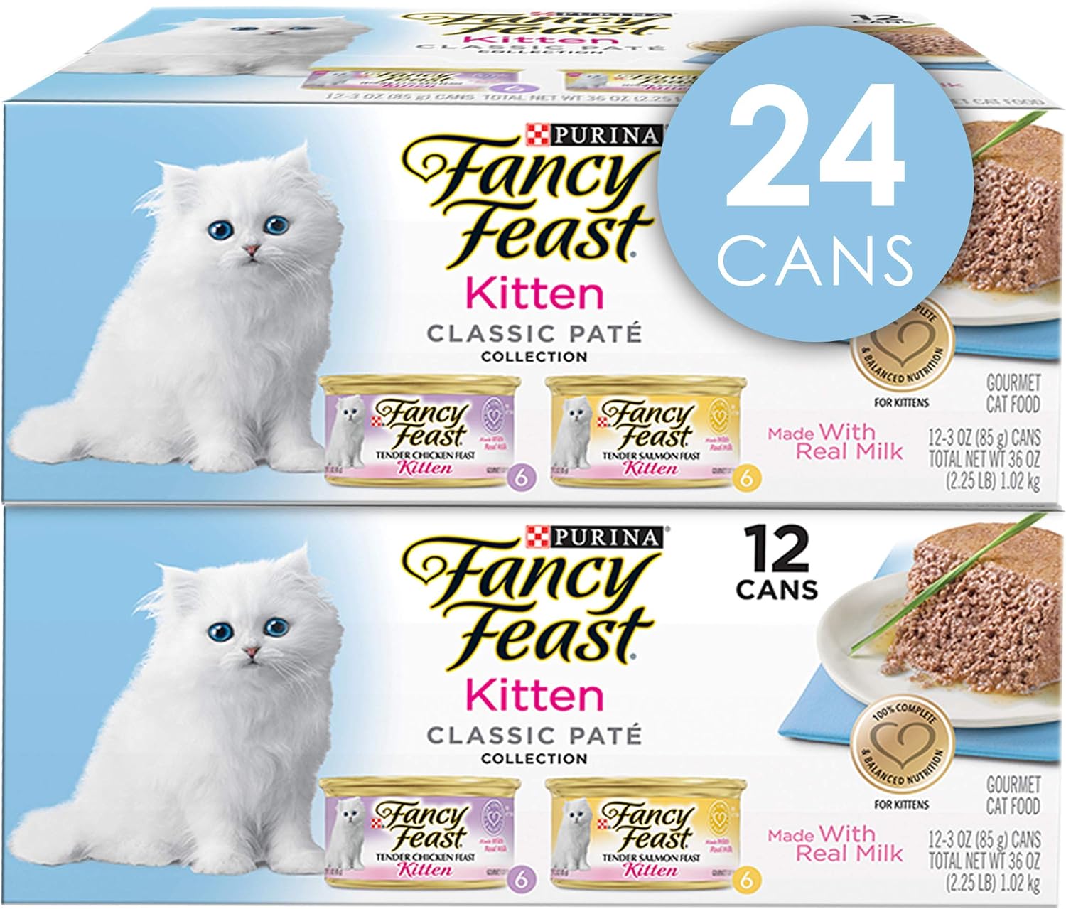 Purina Fancy Feast Grain Free Pate Wet Kitten Food Variety Pack. Kitten Classic Pate Collection Chicken & Salmon - (2 Packs of 12) 3 oz. Cans