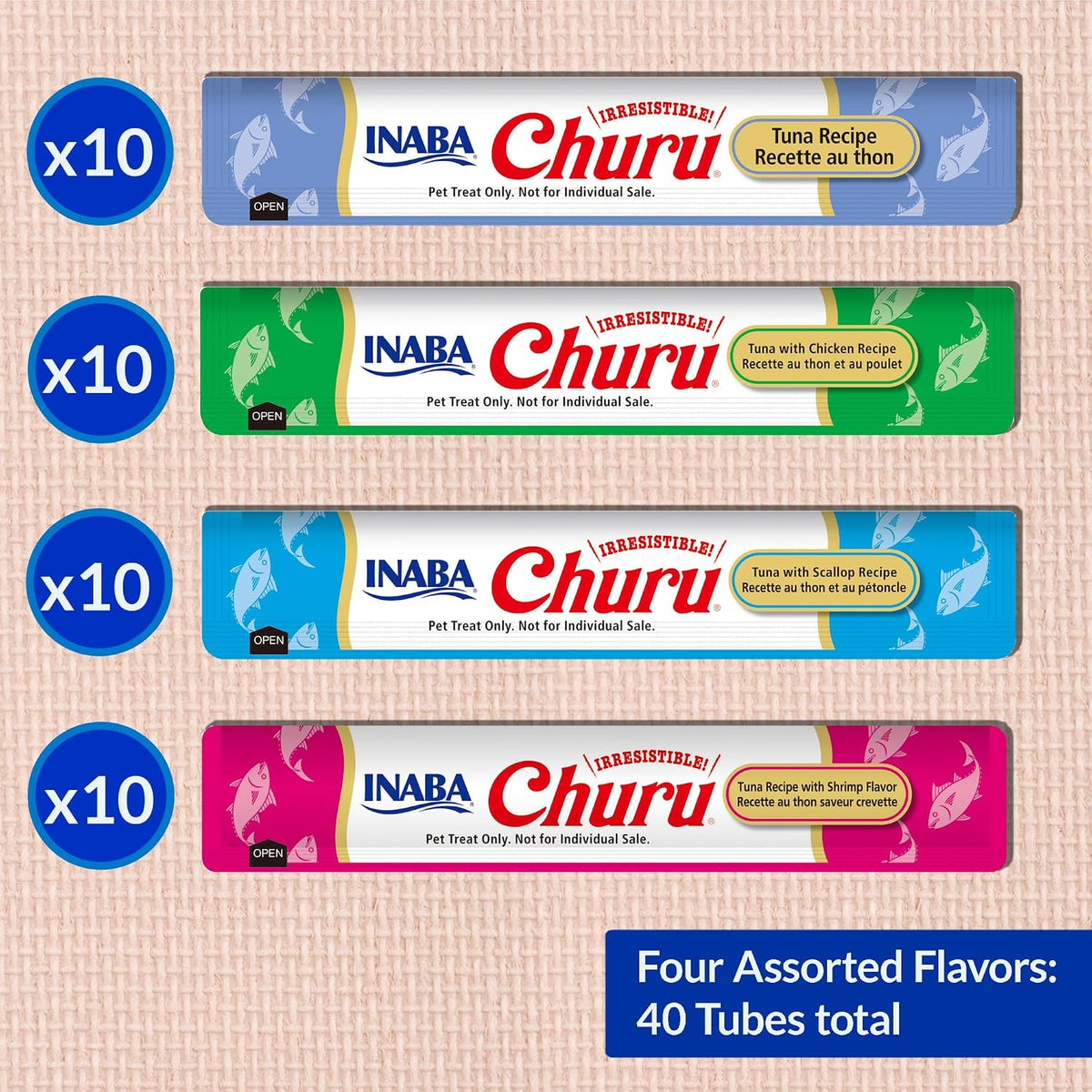 INABA Churu Cat Treats. Lickable. Squeezable Creamy Purée Cat Treat with Green Tea Extract & Taurine. 0.5 Ounces Each Tube. 40 Tubes. Tuna & Seafood Variety Box
