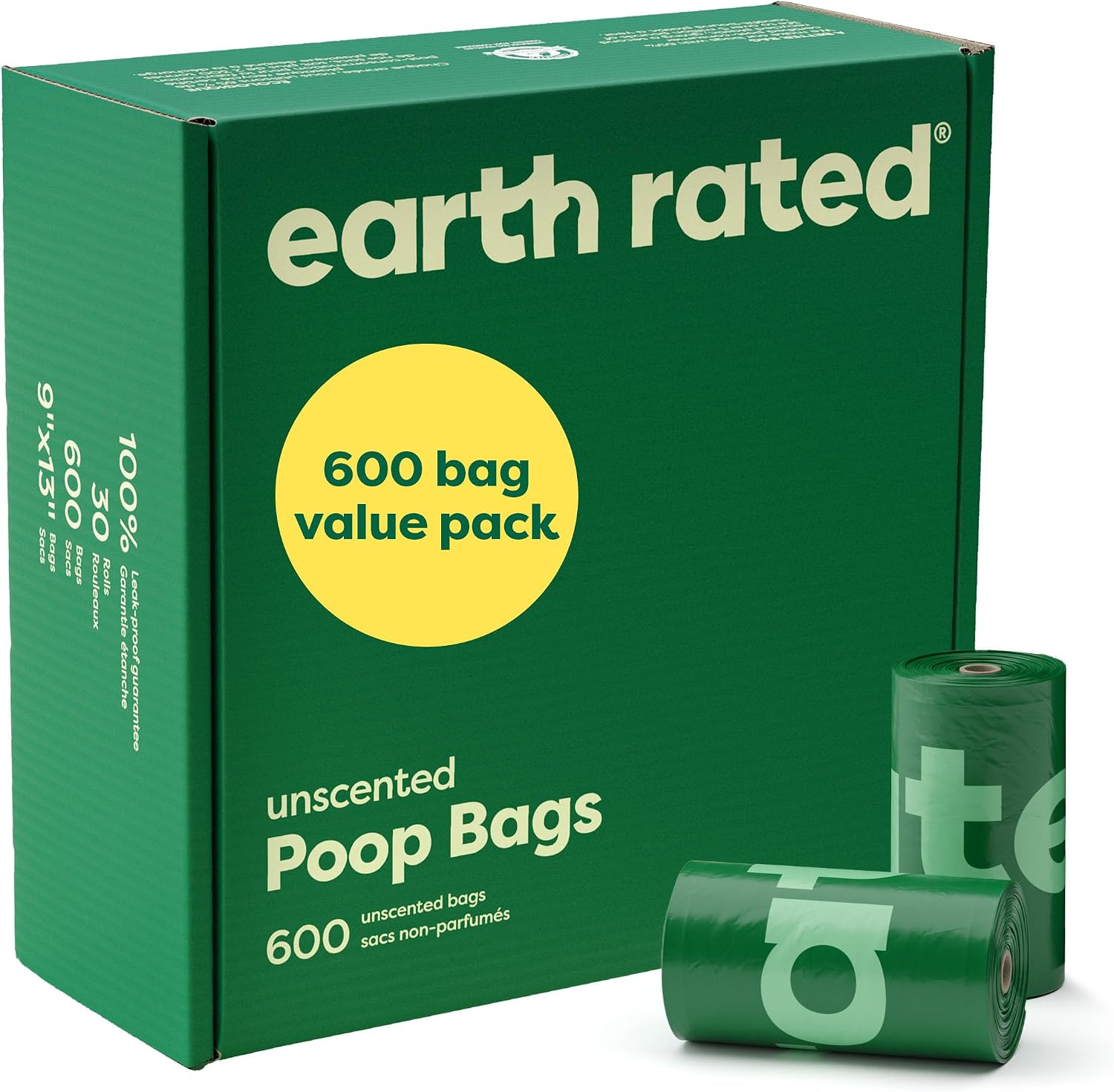 Earth Rated Dog Poop Bags on Refill Rolls. 600 Bags. Unscented | Guaranteed Leak Proof and Extra Thick Waste Bag Refill Rolls