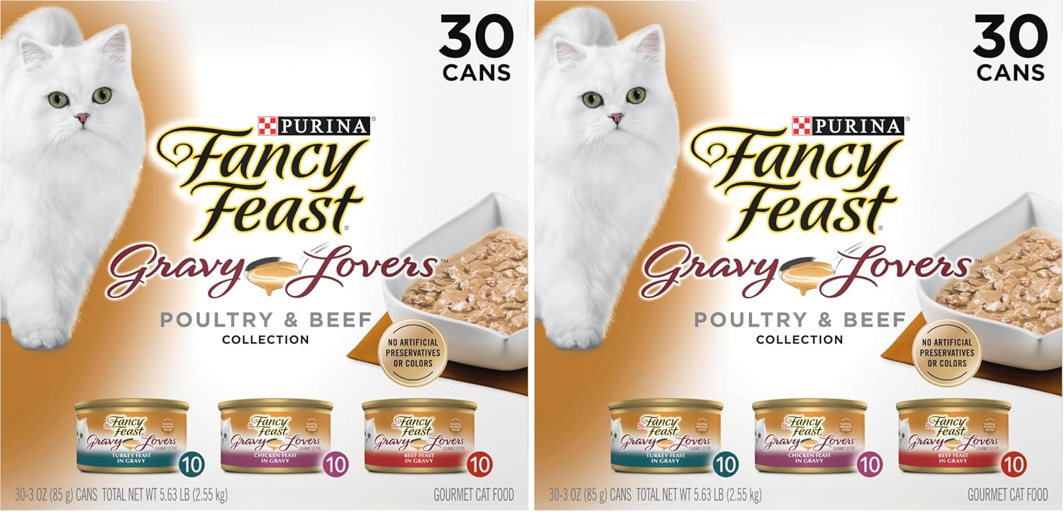 Fancy Feast Purina Gravy Lovers Poultry and Beef Grilled Gourmet Wet Cat Food Variety Pack - 3 oz. Cans.(Pack of 60)