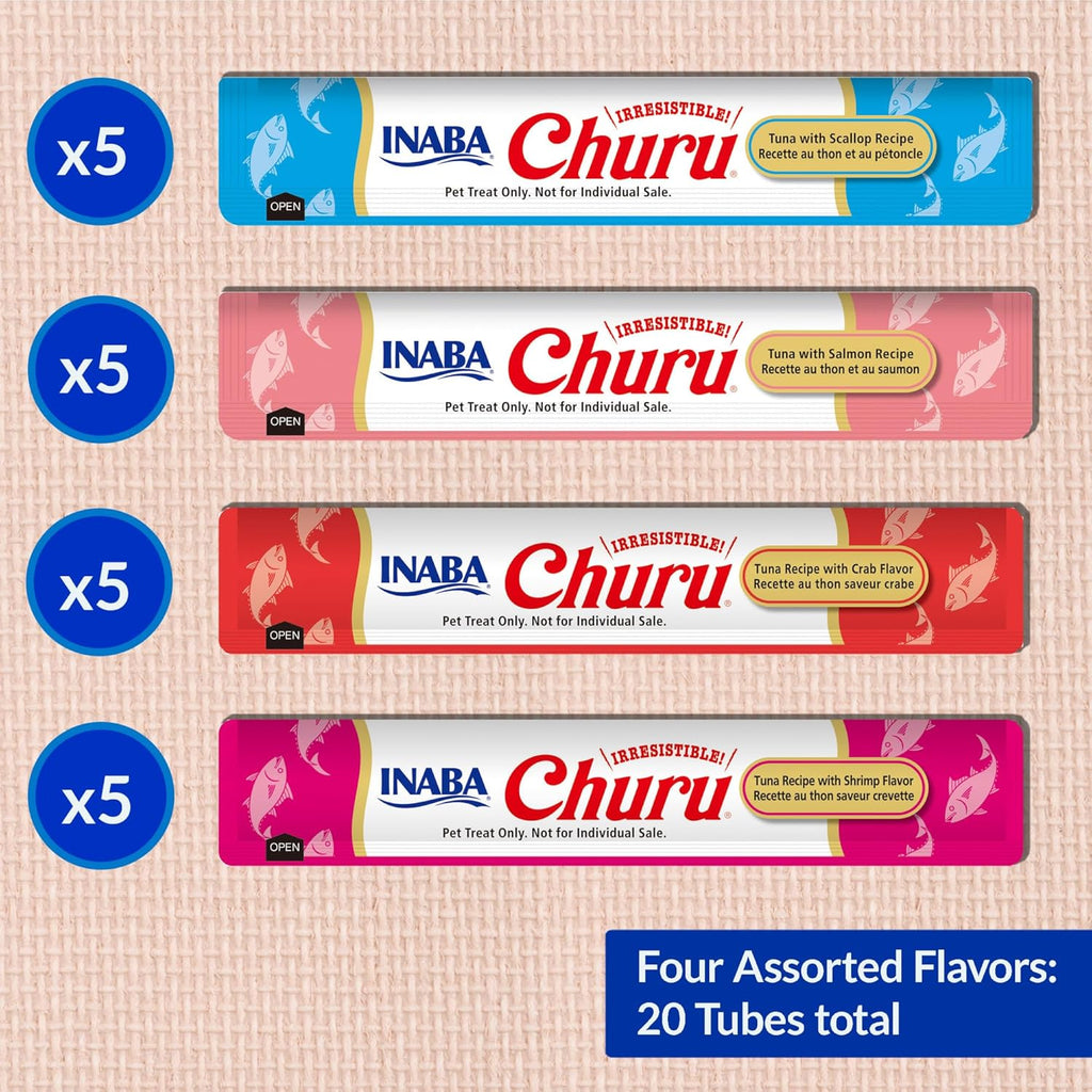 INABA Churu Cat Treats. Lickable. Squeezable Creamy Purée Cat Treat with Green Tea Extract & Taurine. 0.5 Ounces Each Tube. 20 Tubes. Tuna & Seafood Variety Box