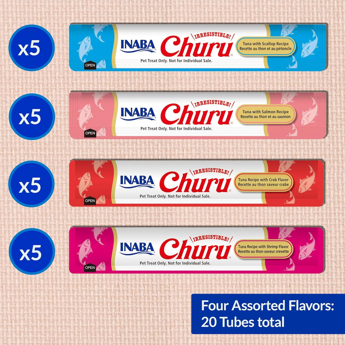 INABA Churu Cat Treats. Lickable. Squeezable Creamy Purée Cat Treat with Green Tea Extract & Taurine. 0.5 Ounces Each Tube. 20 Tubes. Tuna & Seafood Variety Box