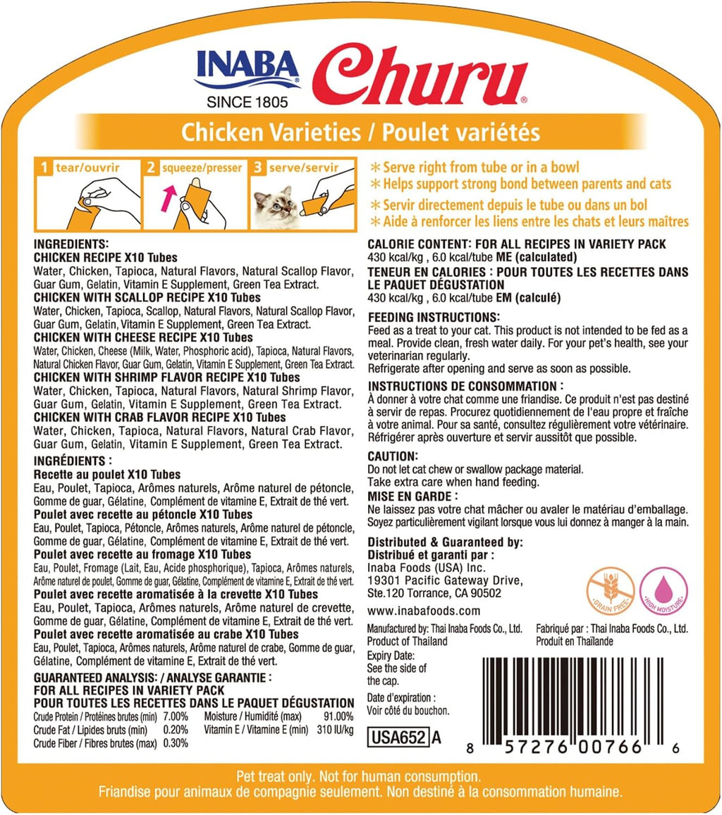 INABA Churu Cat Treats. Lickable. Squeezable Creamy Purée Cat Treat with Green Tea Extract & Taurine. 0.5 Ounces Each Tube. 50 Tubes. Chicken Variety