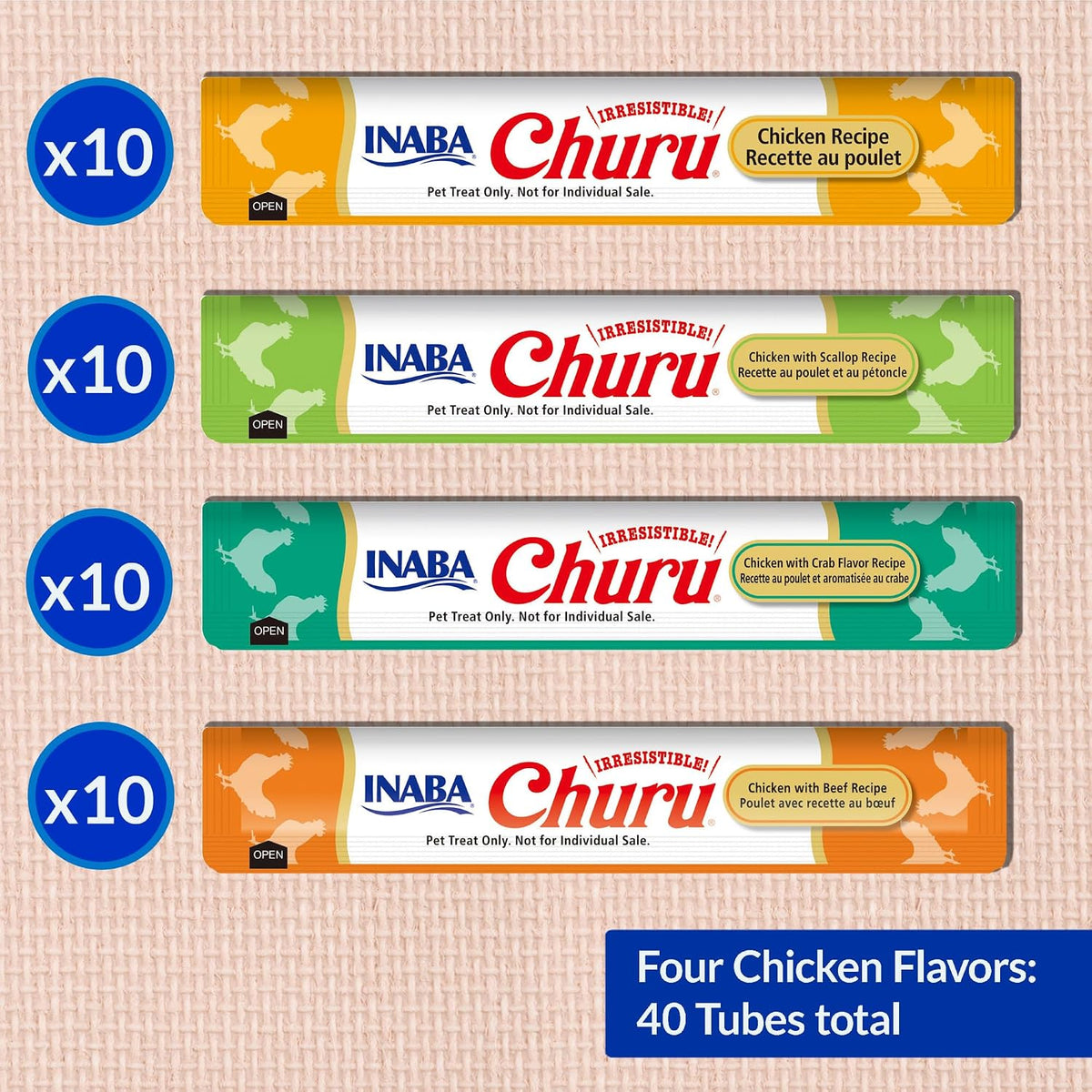 INABA Churu Cat Treats. Lickable. Squeezable Creamy Purée Cat Treat with Green Tea Extract & Taurine. 0.5 Ounces Each Tube. 40 Tubes. Chicken Variety Box
