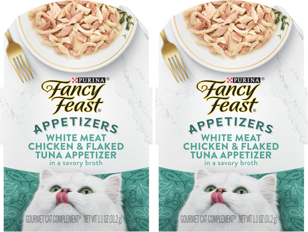 Fancy Feast Purina Appetizers Lickable Grain Free Wet Cat Food Topper White Meat Chicken and Flaked Tuna Appetizer - 1.1 oz. Trays.(Pack of 20)