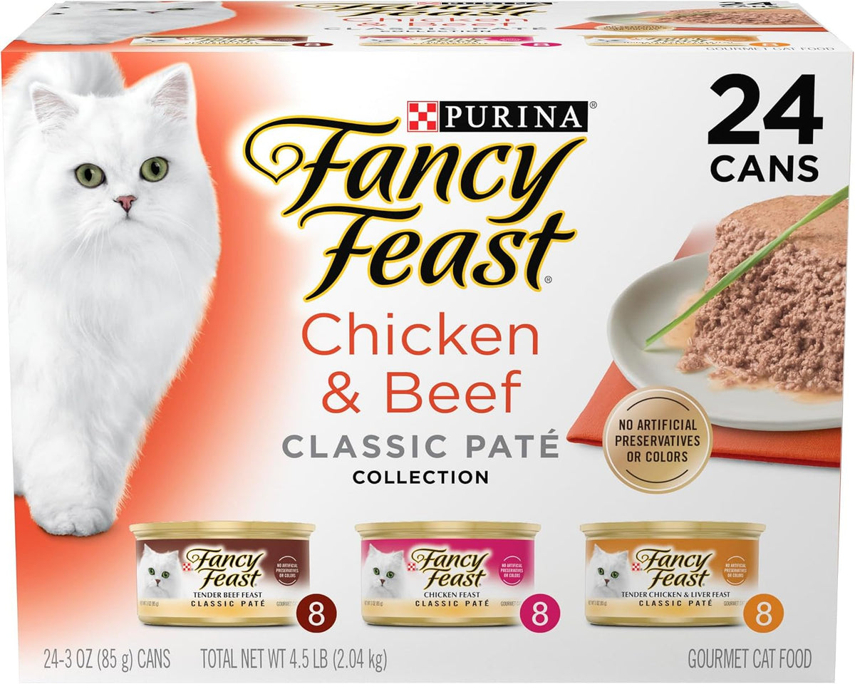 Fancy Feast Purina Chicken & Beef Wet Cat Variety Pack (24) 3oz Cans | Grain Free. Classic Pate collection with Chicken and Beef Flavors. crafted with No artificial colors or preservatives