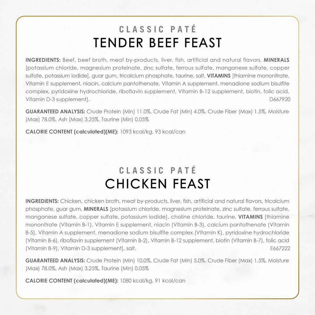 Fancy Feast Purina Chicken & Beef Wet Cat Variety Pack (24) 3oz Cans | Grain Free. Classic Pate collection with Chicken and Beef Flavors. crafted with No artificial colors or preservatives
