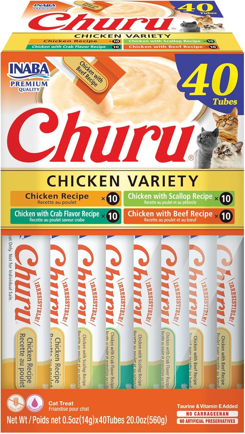 INABA Churu Cat Treats. Lickable. Squeezable Creamy Purée Cat Treat with Green Tea Extract & Taurine. 0.5 Ounces Each Tube. 40 Tubes. Chicken Variety Box