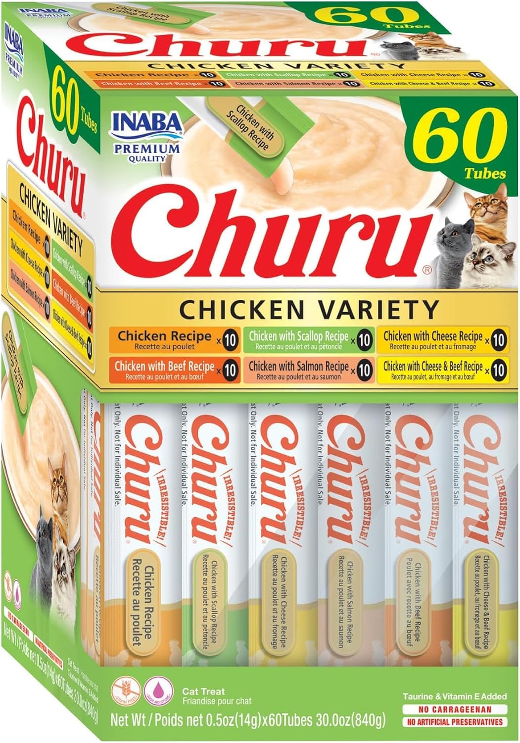 INABA Churu Cat Treats. Lickable. Squeezable Creamy Purée Cat Treat with Green Tea Extract & Taurine. 0.5 Ounces Each Tube. Tubes. Chicken Variety Box. 1 Count (Pack of 480)