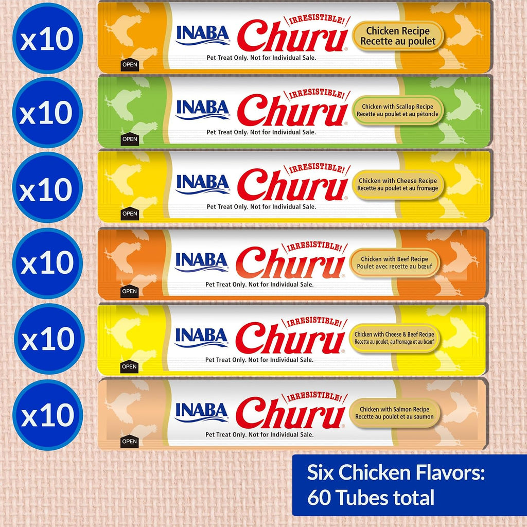 INABA Churu Cat Treats. Lickable. Squeezable Creamy Purée Cat Treat with Green Tea Extract & Taurine. 0.5 Ounces Each Tube. 60 Tubes. Chicken Variety Box