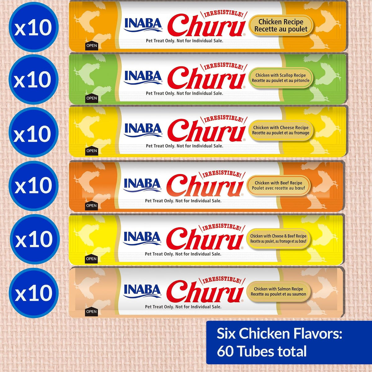 INABA Churu Cat Treats. Lickable. Squeezable Creamy Purée Cat Treat with Green Tea Extract & Taurine. 0.5 Ounces Each Tube. 60 Tubes. Chicken Variety Box