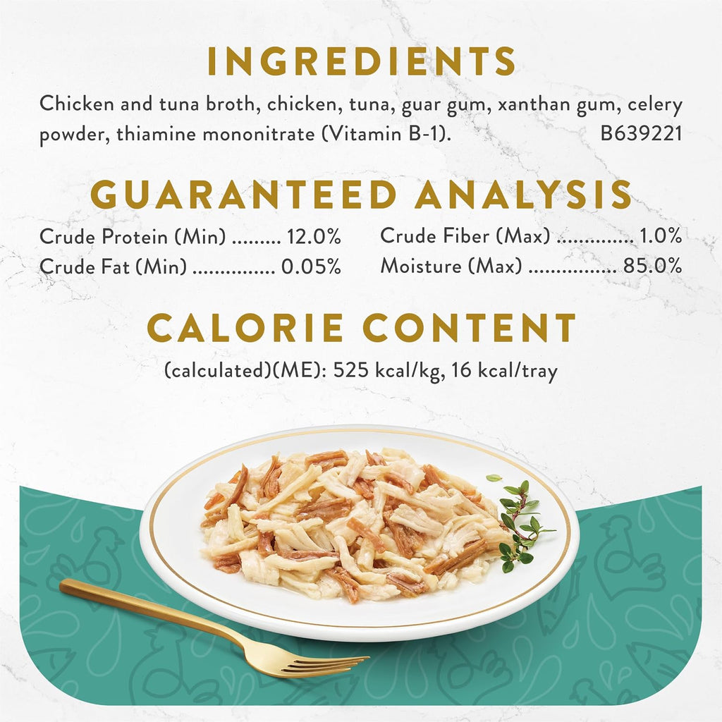 Fancy Feast Purina Appetizers Lickable Grain Free Wet Cat Food Topper White Meat Chicken and Flaked Tuna Appetizer - 1.1 oz. Trays.(Pack of 20)