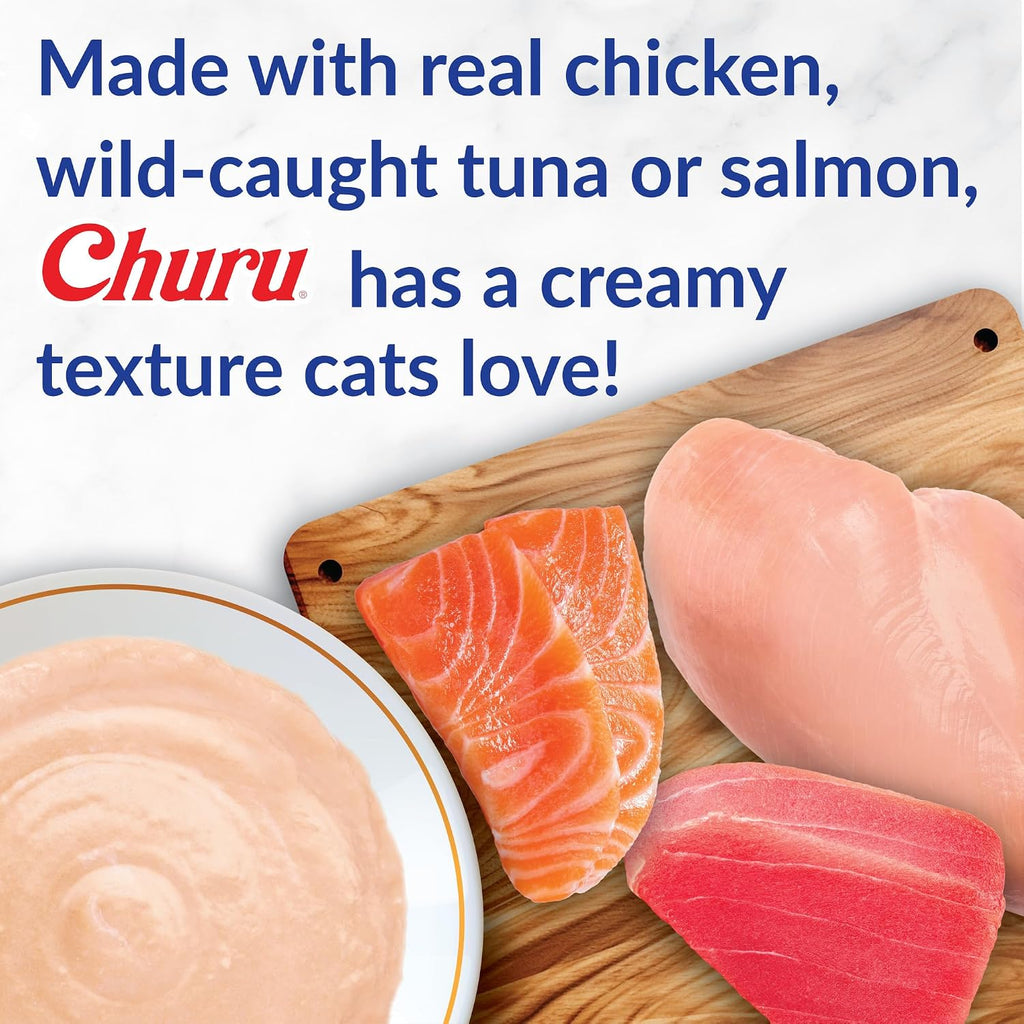 INABA Churu Cat Treats. Lickable. Squeezable Creamy Purée Cat Treat with Green Tea Extract & Taurine. 0.5oz. Each Tube. 20 Tubes. Chicken & Seafood Variety