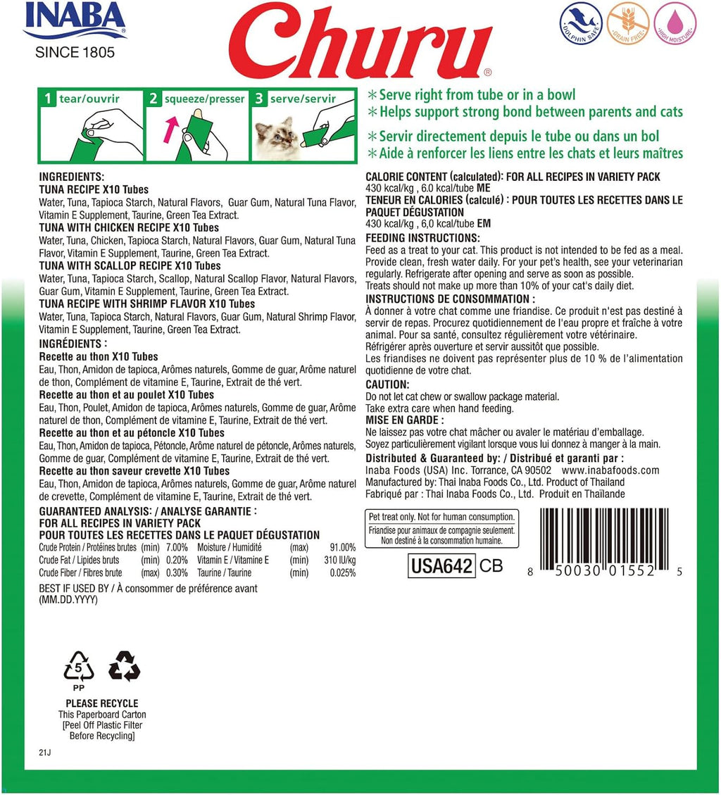 INABA Churu Cat Treats. Lickable. Squeezable Creamy Purée Cat Treat with Green Tea Extract & Taurine. 0.5 Ounces Each Tube. 40 Tubes. Tuna & Seafood Variety Box
