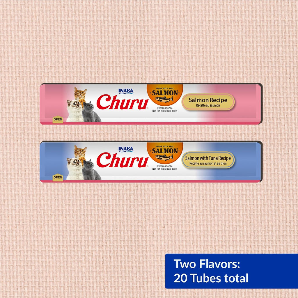 INABA Salmon Churu Cat Treats. Lickable. Squeezable Creamy Purée Cat Treat with Green Tea Extract & Taurine. 0.5 Ounces Each Tube. 20 Tubes. Salmon & Tuna Variety Box
