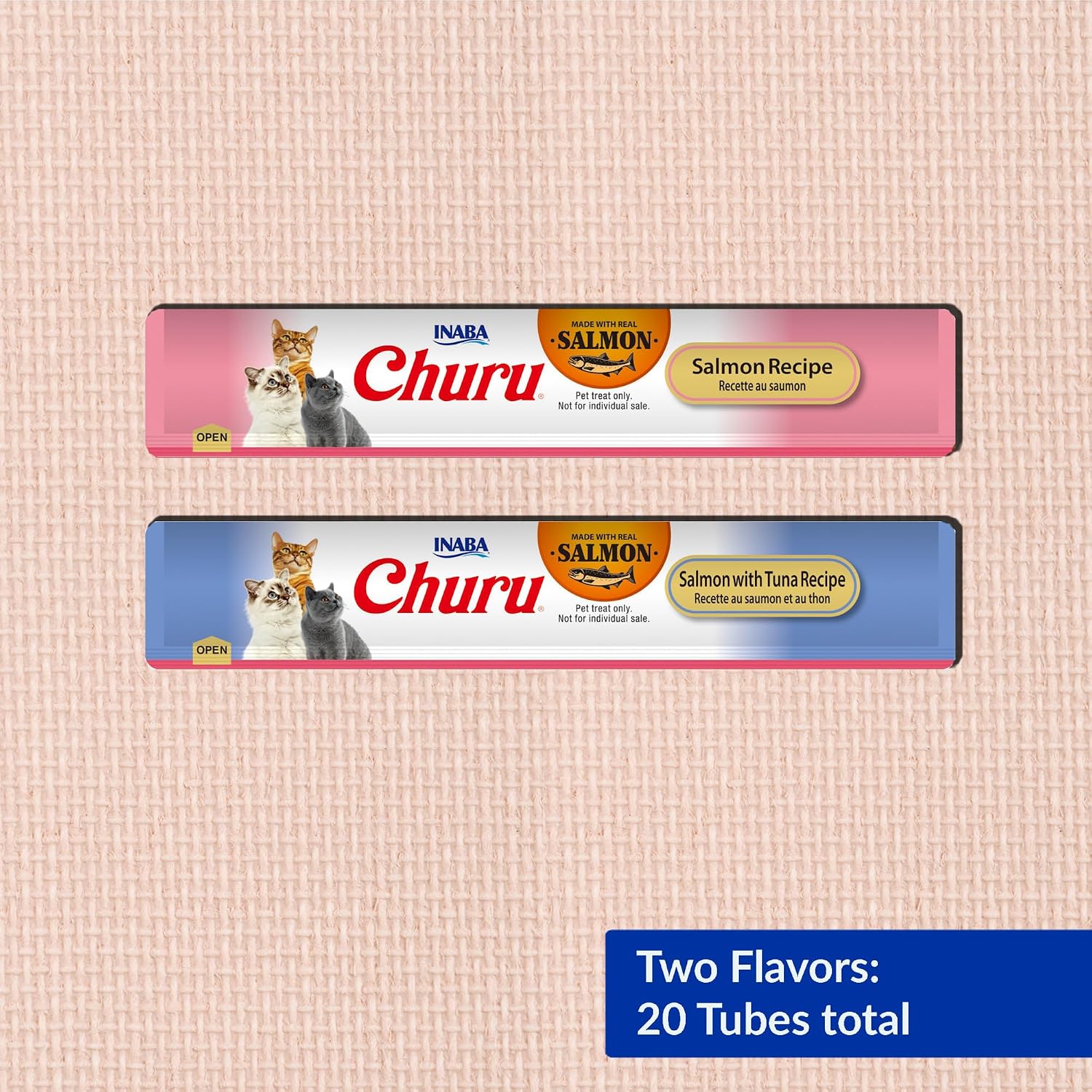 INABA Salmon Churu Cat Treats. Lickable. Squeezable Creamy Purée Cat Treat with Green Tea Extract & Taurine. 0.5 Ounces Each Tube. 20 Tubes. Salmon & Tuna Variety Box
