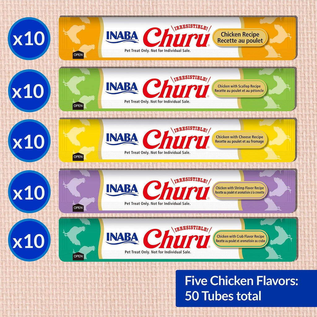 INABA Churu Cat Treats. Lickable. Squeezable Creamy Purée Cat Treat with Green Tea Extract & Taurine. 0.5 Ounces Each Tube. 50 Tubes. Chicken Variety