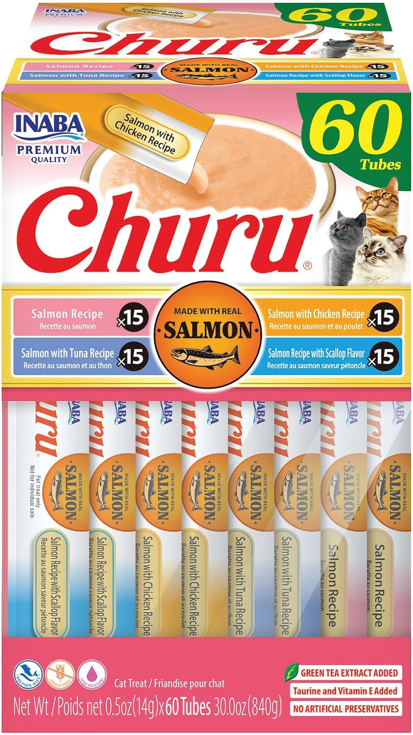 INABA Salmon Churu Cat Treats. Lickable. Squeezable Creamy Purée Cat Treat with Green Tea Extract & Taurine. 0.5 Ounces Each Tube. 60 Tubes. Salmon Variety Box