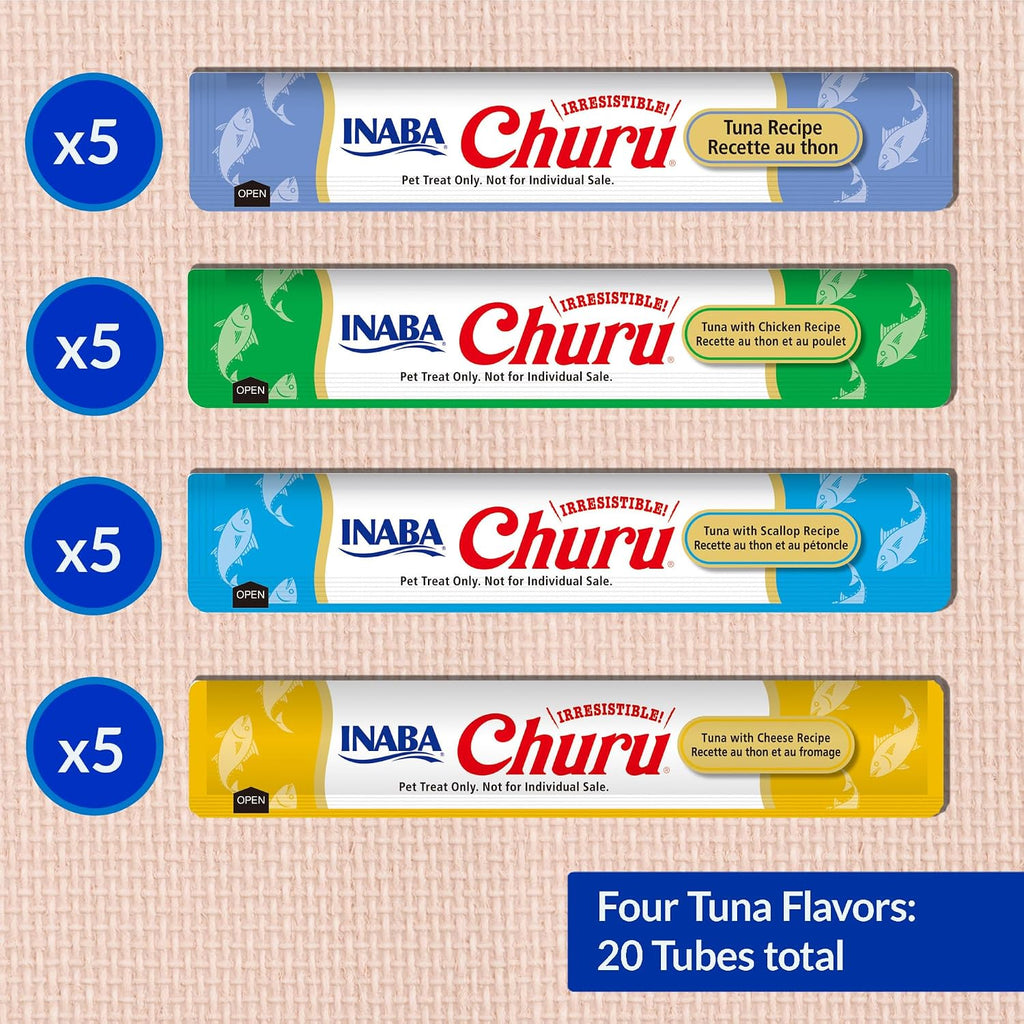 INABA Churu Cat Treats. Lickable. Squeezable Creamy Purée Cat Treat with Green Tea Extract & Taurine. 0.5 Ounces Each Tube. 20 Tubes. Tuna Variety Box