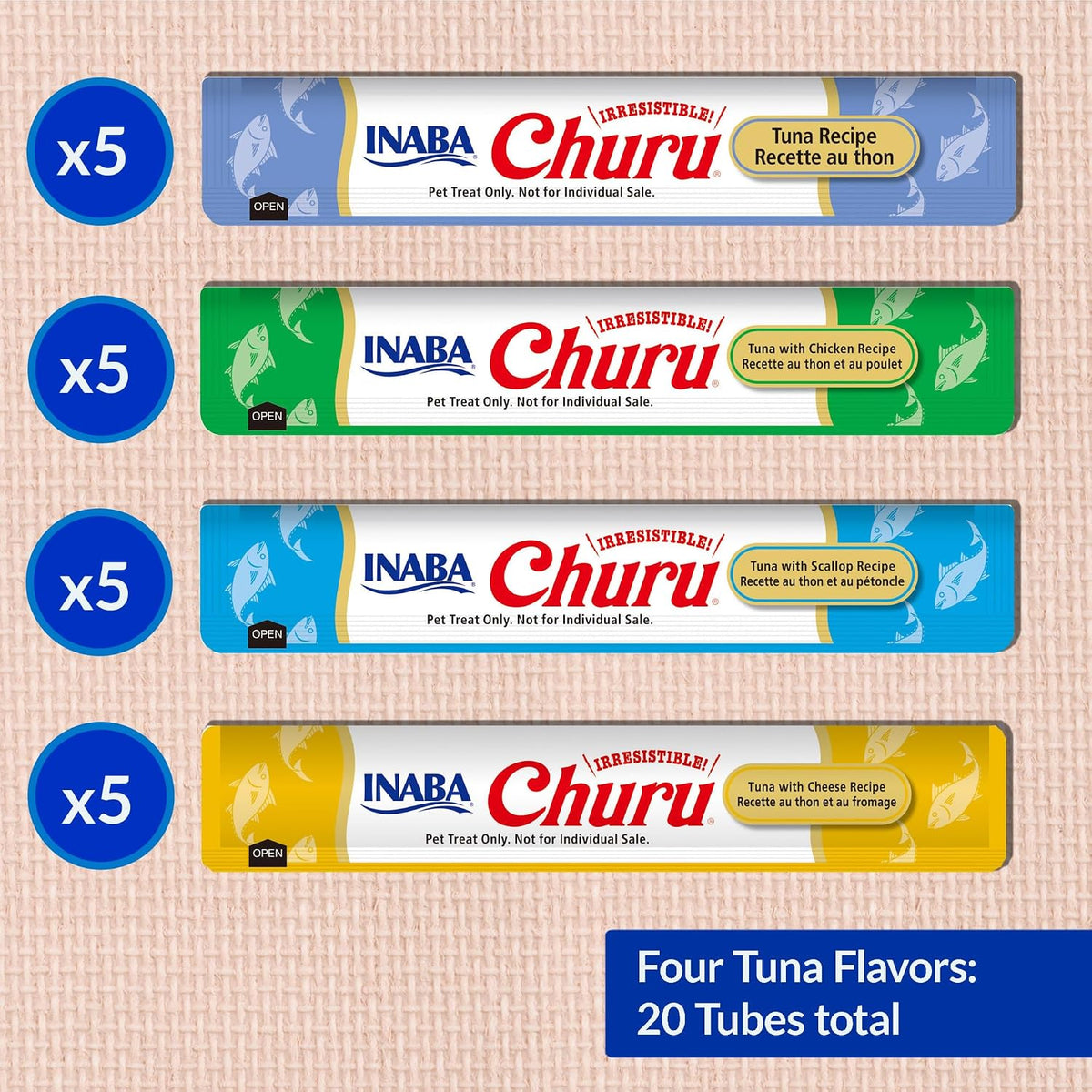 INABA Churu Cat Treats. Lickable. Squeezable Creamy Purée Cat Treat with Green Tea Extract & Taurine. 0.5 Ounces Each Tube. 20 Tubes. Tuna Variety Box