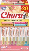 INABA Churu Cat Treats. Lickable. Squeezable Creamy Purée Cat Treat with Green Tea Extract & Taurine. 0.5 Ounces Each Tube. 20 Tubes. Seafood Variety Box