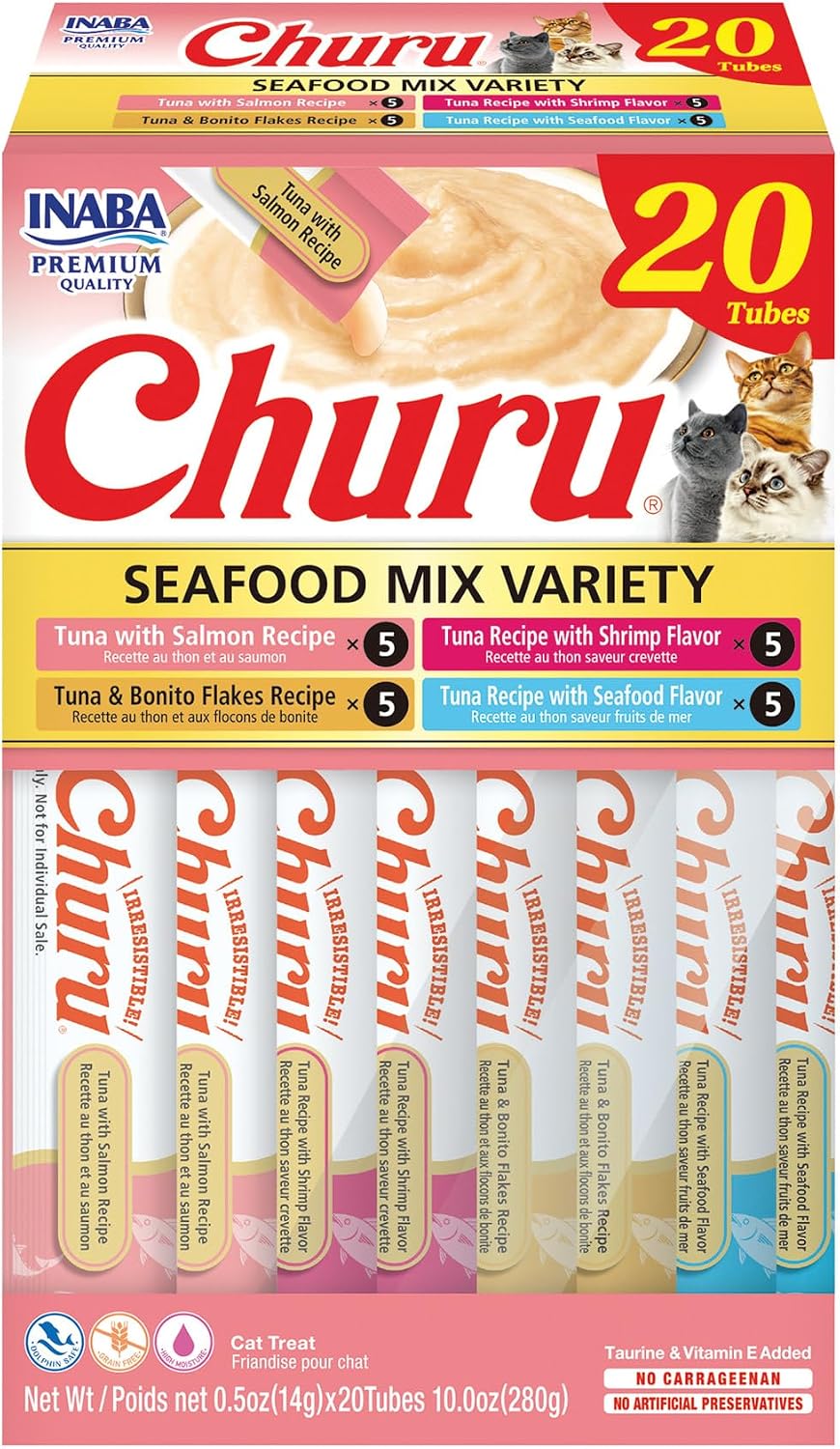 INABA Churu Cat Treats. Lickable. Squeezable Creamy Purée Cat Treat with Green Tea Extract & Taurine. 0.5 Ounces Each Tube. 20 Tubes. Seafood Variety Box