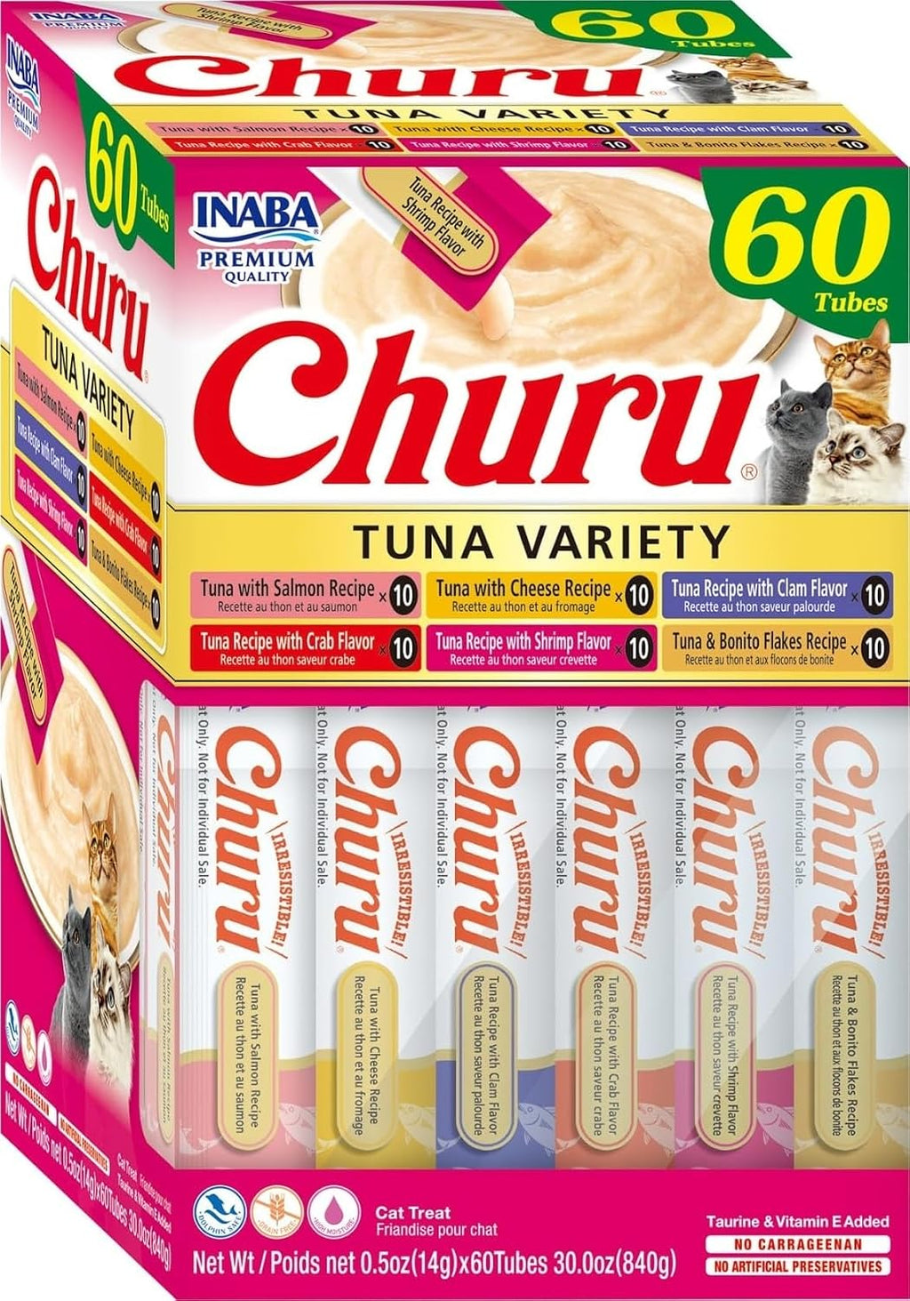 INABA Churu Cat Treats. Lickable. Squeezable Creamy Purée Cat Treat with Green Tea Extract & Taurine. 0.5 Ounces Each Tube. 60 Tubes. Tuna Variety Box