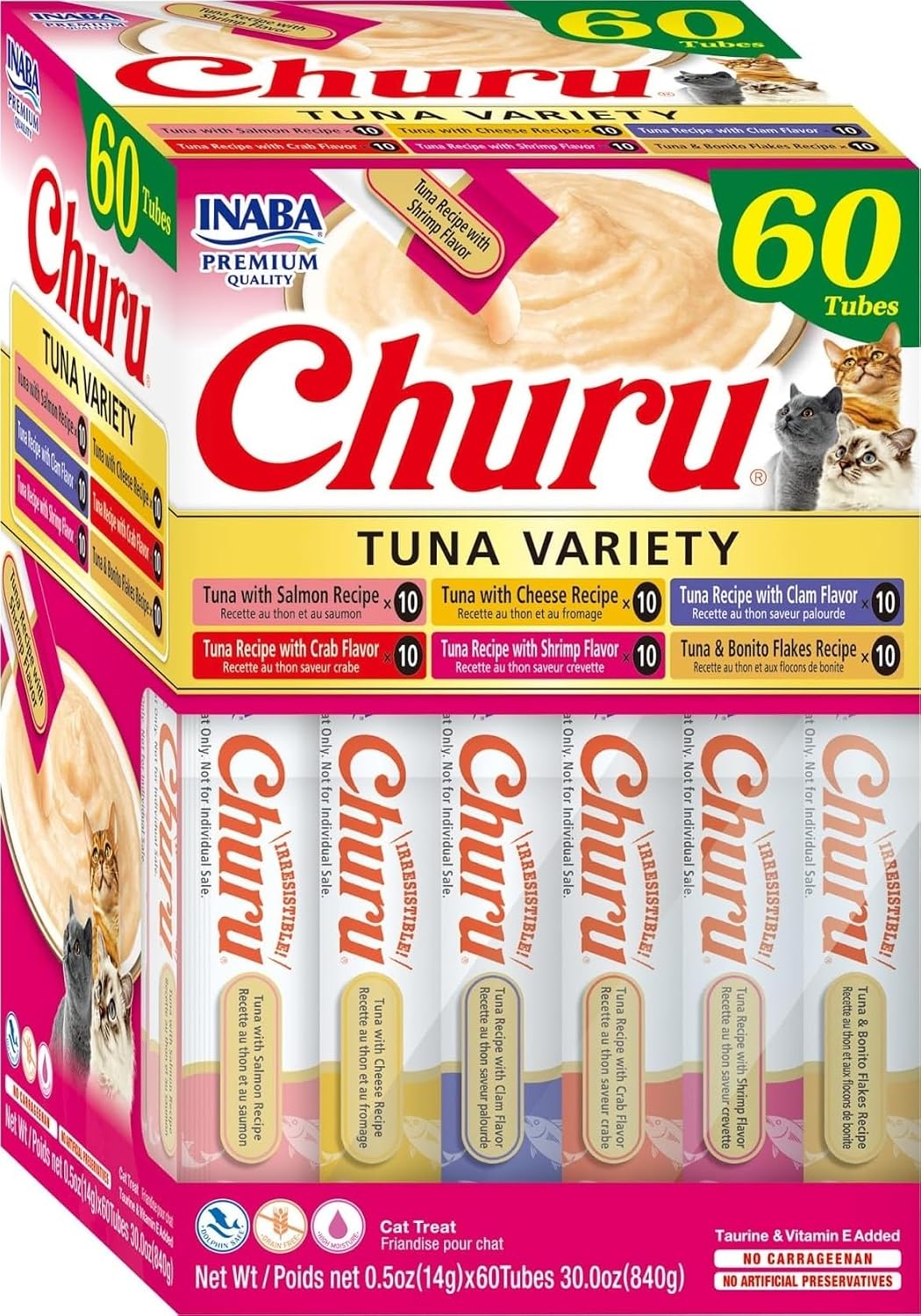 INABA Churu Cat Treats. Lickable. Squeezable Creamy Purée Cat Treat with Green Tea Extract & Taurine. 0.5 Ounces Each Tube. 60 Tubes. Tuna Variety Box