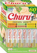 INABA Churu Cat Treats. Lickable. Squeezable Creamy Purée Cat Treat with Green Tea Extract & Taurine. 0.5 Ounces Each Tube. 60 Tubes. Chicken Variety Box