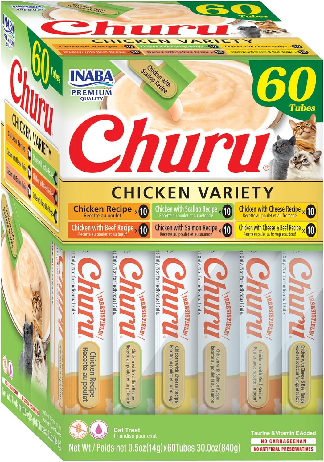 INABA Churu Cat Treats. Lickable. Squeezable Creamy Purée Cat Treat with Green Tea Extract & Taurine. 0.5 Ounces Each Tube. 60 Tubes. Chicken Variety Box