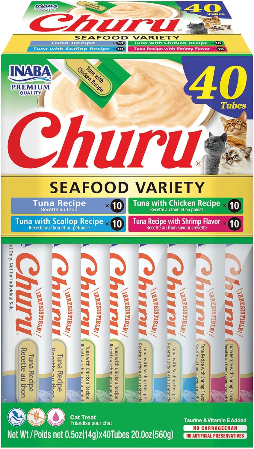 INABA Churu Cat Treats. Lickable. Squeezable Creamy Purée Cat Treat with Green Tea Extract & Taurine. 0.5 Ounces Each Tube. 40 Tubes. Tuna & Seafood Variety Box