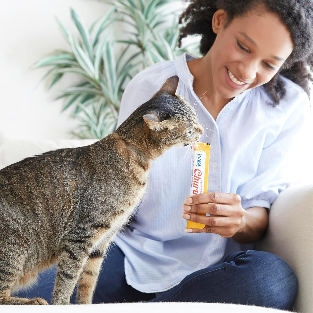 INABA Churu Cat Treats. Lickable. Squeezable Creamy Purée Cat Treat with Green Tea Extract & Taurine. 0.5oz. Each Tube. 20 Tubes. Chicken & Seafood Variety