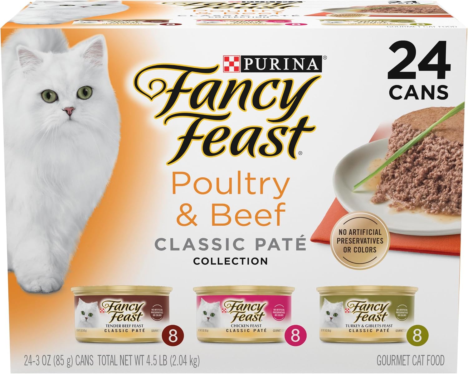 Purina Fancy Feast Classic Pate Poultry & Beef Wet Cat Food. 3 oz. 24-Pack | Variety Pack of Grain Free recipes with a smooth pate texture. 100 percent complete and balanced