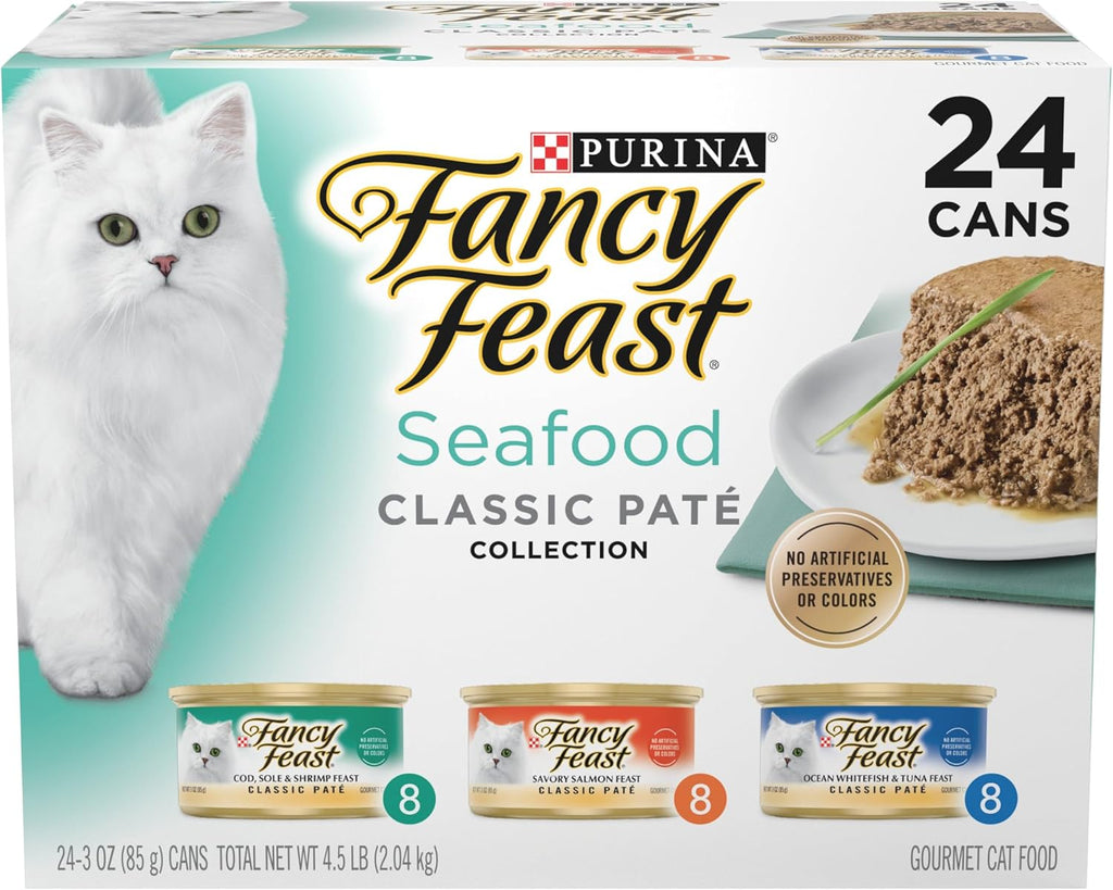 Purina Fancy Feast Seafood Pate Wet Cat Food Variety Pack (24) 3oz Cans | Grain Free. Classic Pate Featuring cod. sole. shrimp. salmon and ocean whitefish flavors in a smooth. savory recipe