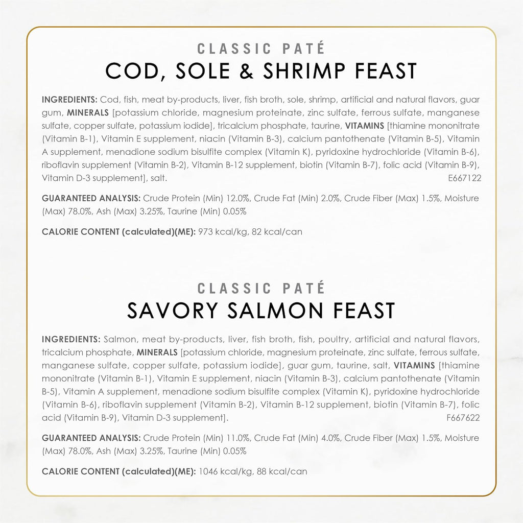 Purina Fancy Feast Seafood Pate Wet Cat Food Variety Pack (24) 3oz Cans | Grain Free. Classic Pate Featuring cod. sole. shrimp. salmon and ocean whitefish flavors in a smooth. savory recipe