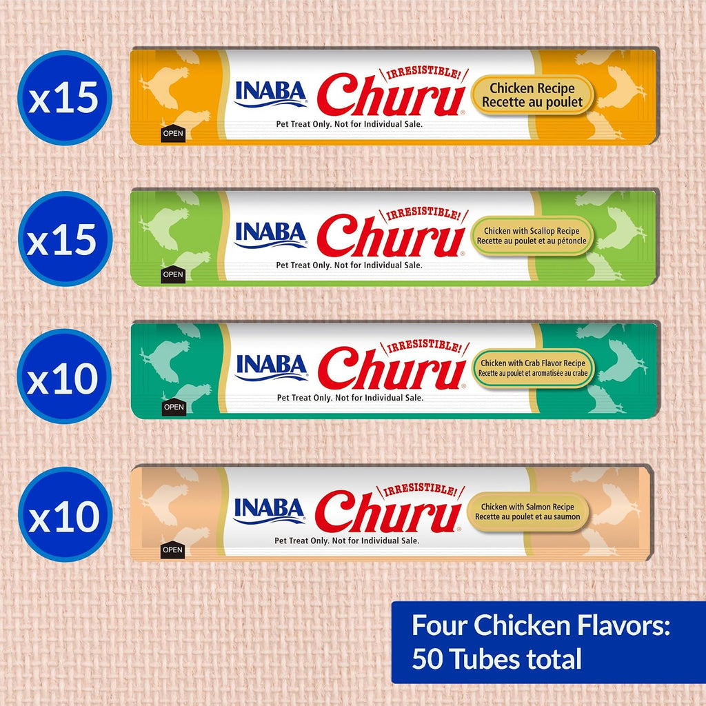 INABA Churu Cat Treats. Lickable. Squeezable Creamy Purée Cat Treat with Green Tea Extract & Taurine. 0.5 Ounces Each Tube. 50 Tubes. Chicken & Seafood Variety