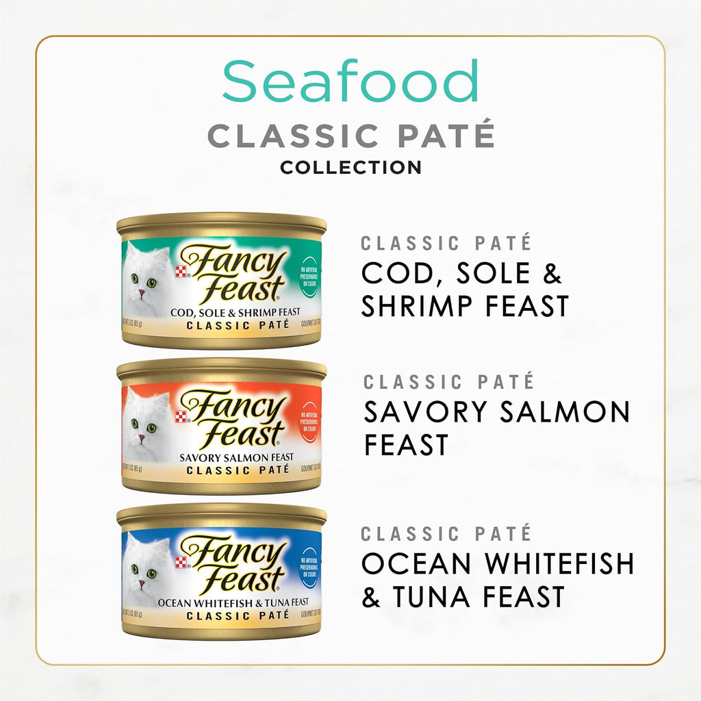 Fancy Feast Purina Seafood Classic Pate Collection Grain Free Wet Cat Food Variety Pack - (Pack of 48) 3 oz. Cans