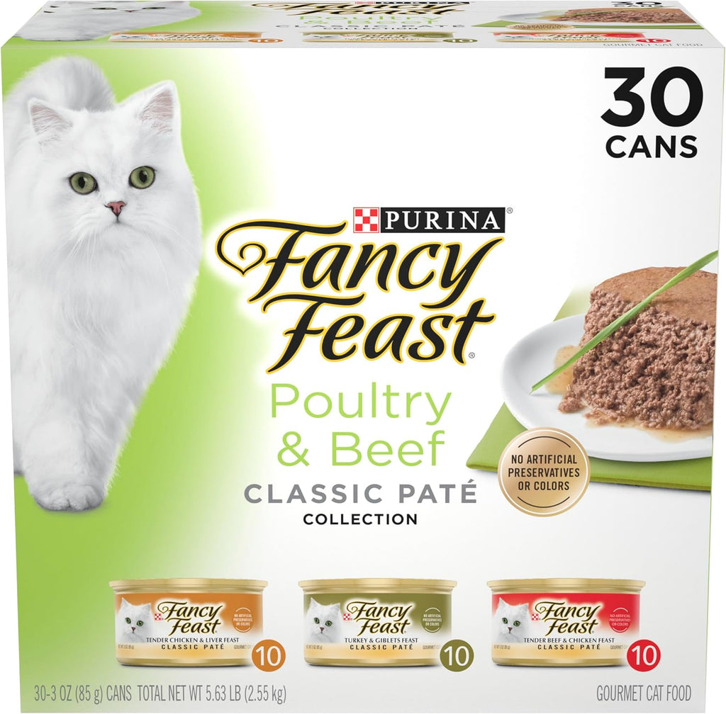 Fancy Feast Classic Pate Poultry & Beef Wet Cat Food. 3 oz Cans. 30-Pack | Variety Pack with recipes made with no artificial colors or preservatives. 100 percent complete and balanced