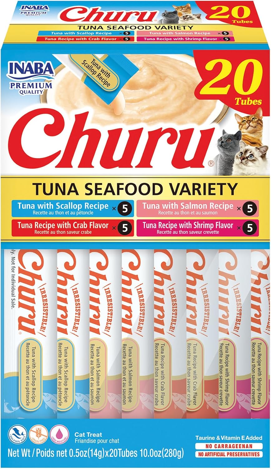 INABA Churu Cat Treats. Lickable. Squeezable Creamy Purée Cat Treat with Green Tea Extract & Taurine. 0.5 Ounces Each Tube. 20 Tubes. Tuna & Seafood Variety Box