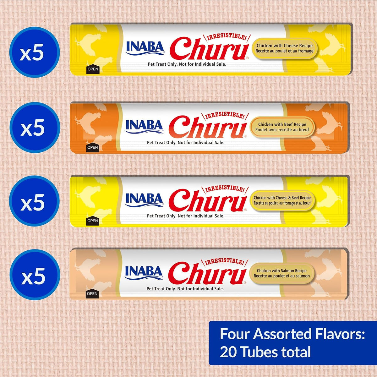 INABA Churu Cat Treats. Lickable. Squeezable Creamy Purée Cat Treat with Green Tea Extract & Taurine. 0.5 Ounces Each Tube. 20 Tubes. Chicken & Beef Variety Box