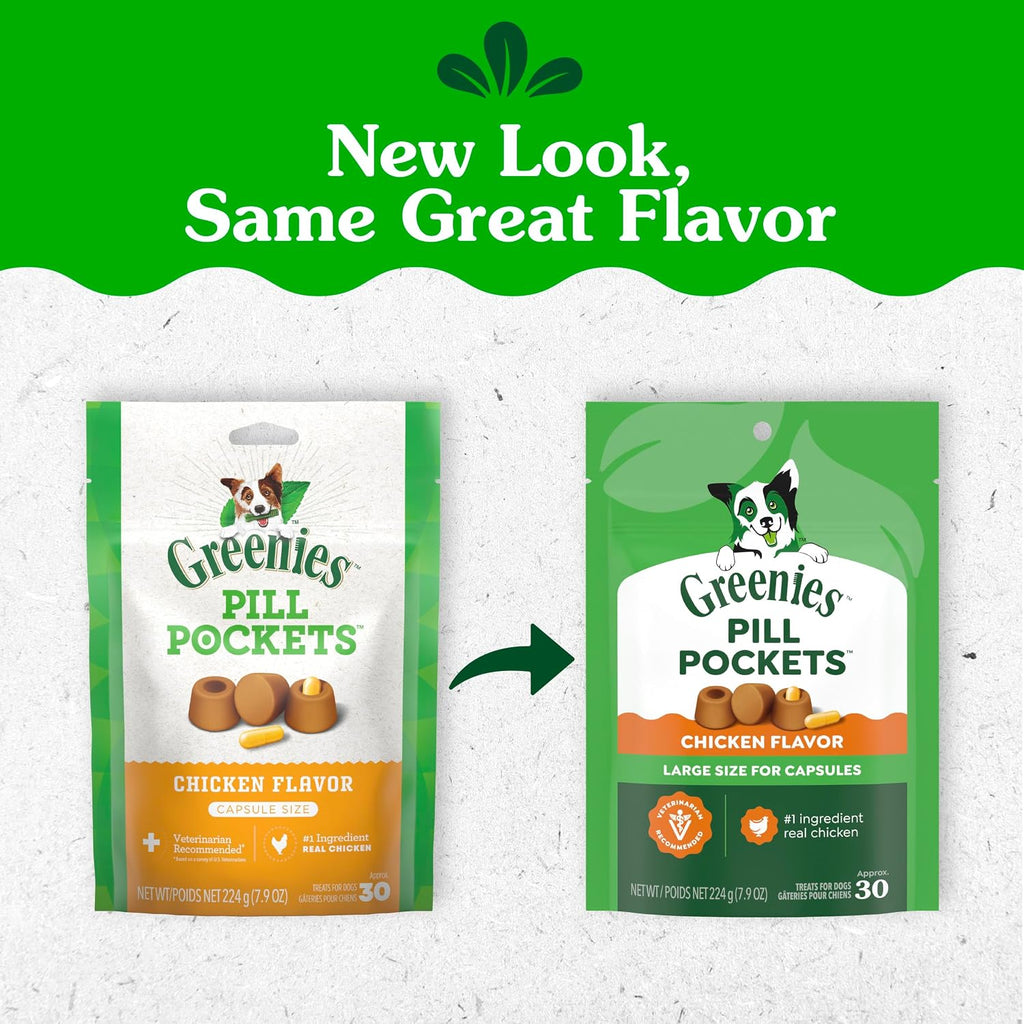 Greenies Pill Pockets Large Size Dog Treats. Chicken. 7.9 oz | Vet-recommended. masks pill smell & taste. moldable texture. capsule size. 7.9 oz. pouch. natural ingredients. no fillers