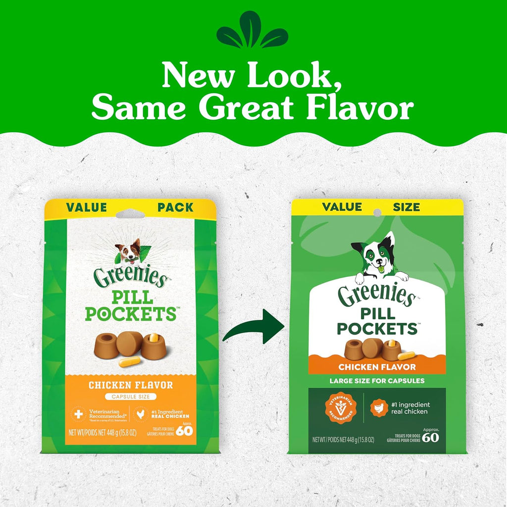 Greenies Pill Pockets Large Size Dog Treats. Chicken. 15.8 oz | Vet-recommended. Capsule size. real chicken flavor. low calorie. stress- and mess-free. natural ingredients. no fillers