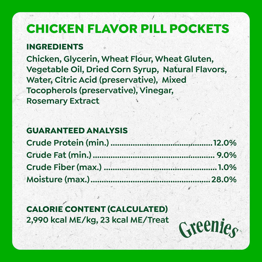 Greenies Pill Pockets Large Size Dog Treats. Chicken. 7.9 oz | Vet-recommended. masks pill smell & taste. moldable texture. capsule size. 7.9 oz. pouch. natural ingredients. no fillers